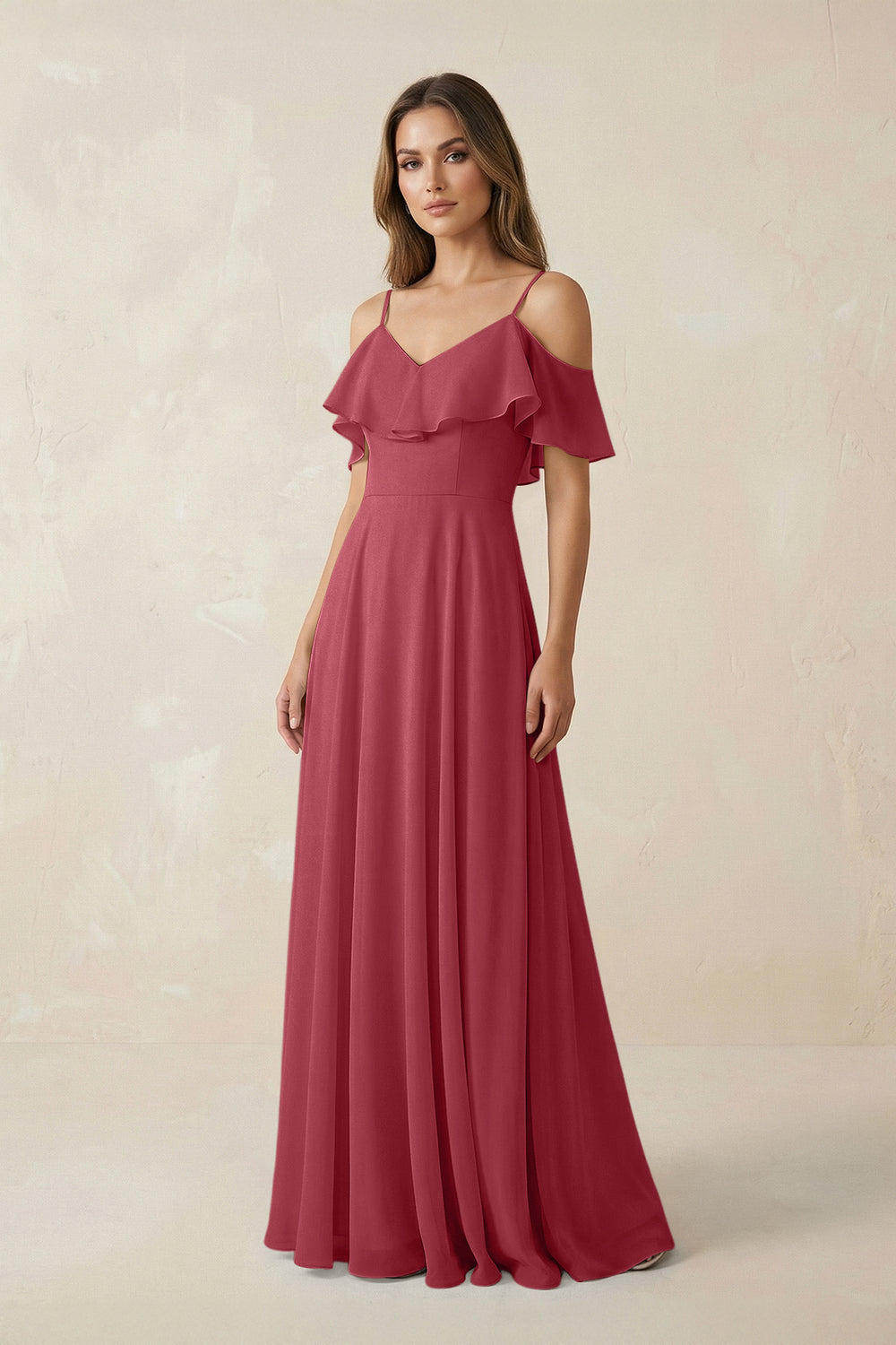 Off-the-Shoulder Ruffled A-Line Chiffon Bridesmaid Dress in Merlot