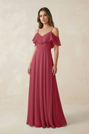 Merlot Off-the-Shoulder Ruffled A-Line Chiffon Bridesmaid Dress | KISSBRIDAL