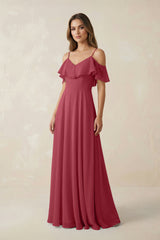 Merlot Off-the-Shoulder Ruffled A-Line Chiffon Bridesmaid Dress | KISSBRIDAL