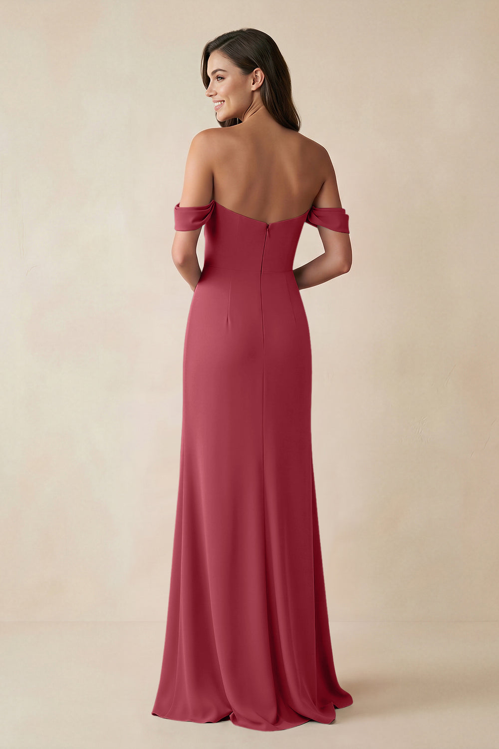 Off-the-Shoulder Sheath Bridesmaid Dress with Slit in Merlot