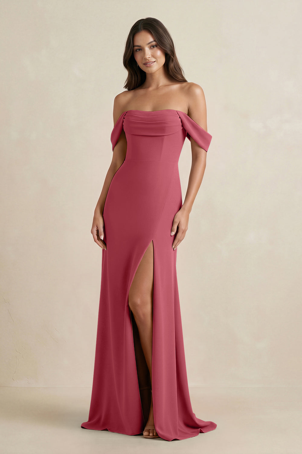 Off-the-Shoulder Sheath Bridesmaid Dress with Slit in Merlot