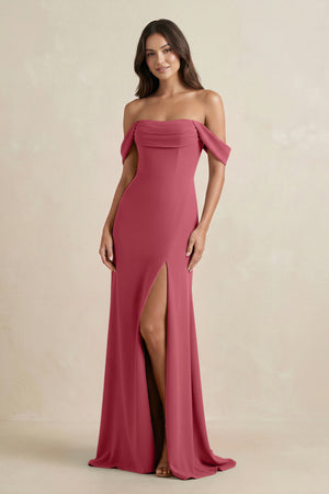 Merlot Off-the-Shoulder Sheath Bridesmaid Dress with Slit | KISSBRIDAL