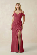 Merlot Off-the-Shoulder Sheath Chiffon Ruched Bridesmaid Dress | KISSBRIDAL