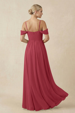 Merlot Off-the-Shoulder Sweetheart A-Line Chiffon Bridesmaid Dress (2) | KISSBRIDAL