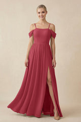 Merlot Off-the-Shoulder Sweetheart A-Line Chiffon Bridesmaid Dress | KISSBRIDAL