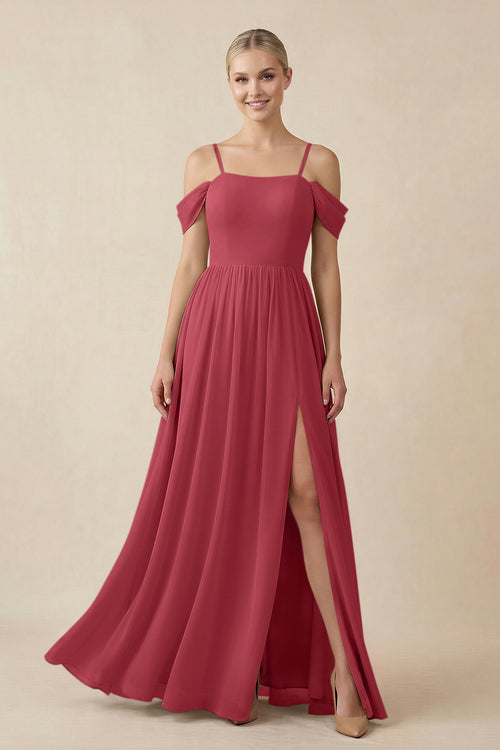 Merlot Off-the-Shoulder Sweetheart A-Line Chiffon Bridesmaid Dress | KISSBRIDAL