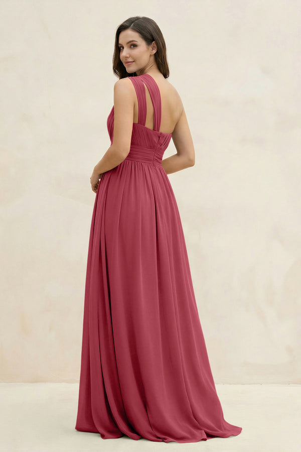 Merlot One-Shoulder Pleated A-Line Chiffon Bridesmaid Dress (2) | KISSBRIDAL