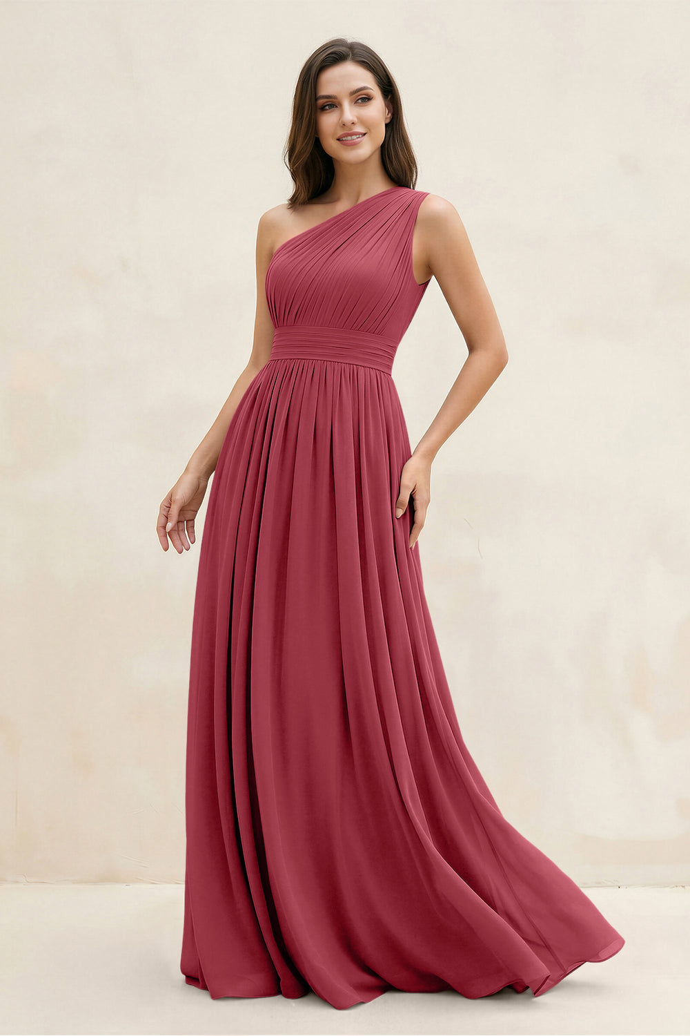 One-Shoulder Pleated A-Line Chiffon Bridesmaid Dress in Merlot