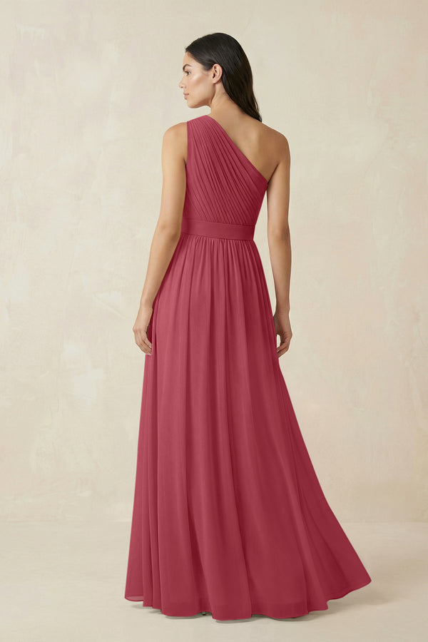 Merlot One-Shoulder Pleated Chiffon Bridesmaid Gown (2) | KISSBRIDAL