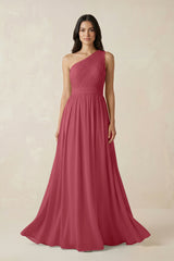Merlot One-Shoulder Pleated Chiffon Bridesmaid Gown | KISSBRIDAL
