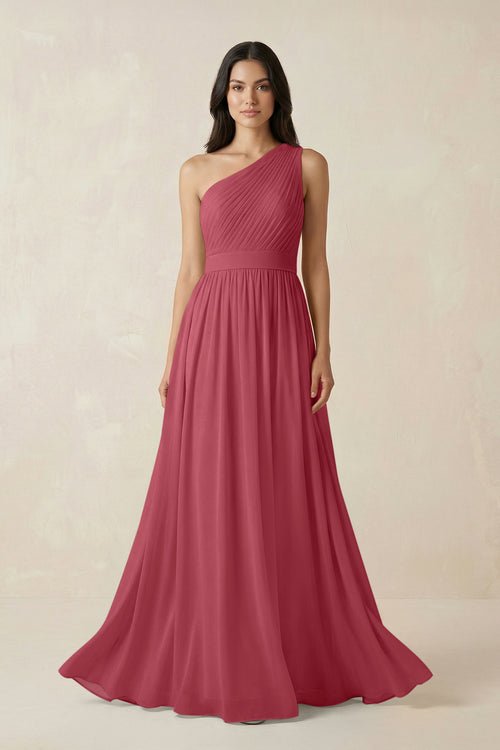 Merlot One-Shoulder Pleated Chiffon Bridesmaid Gown | KISSBRIDAL