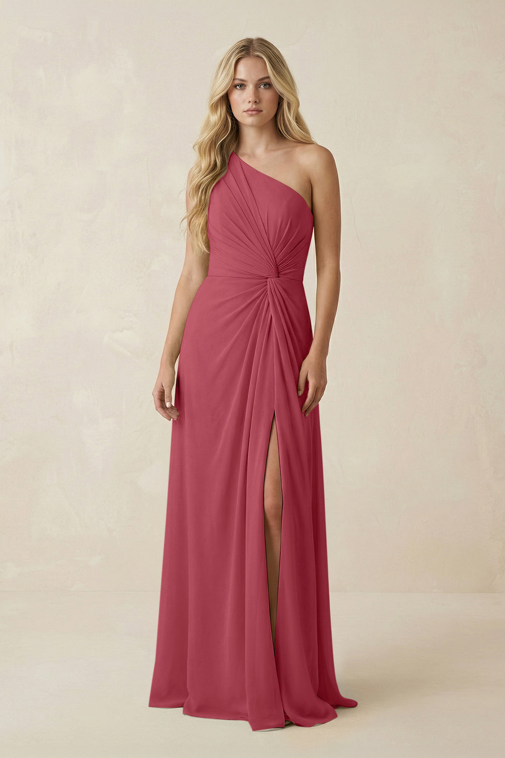 One-Shoulder Ruched A-Line Chiffon Bridesmaid Dress in Merlot