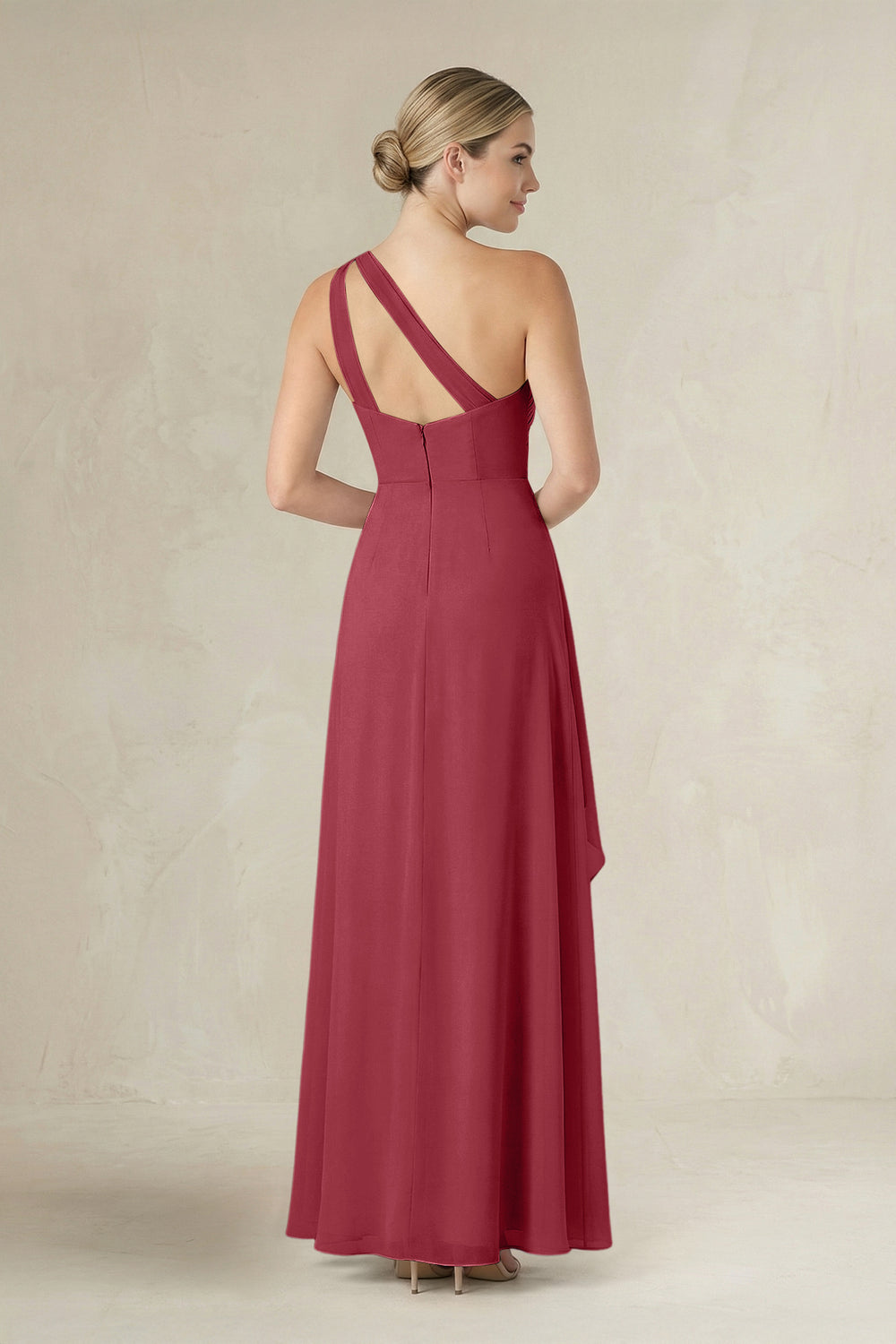 One-Shoulder Sheath Ruched Ruffled Bridesmaid Dress in Merlot