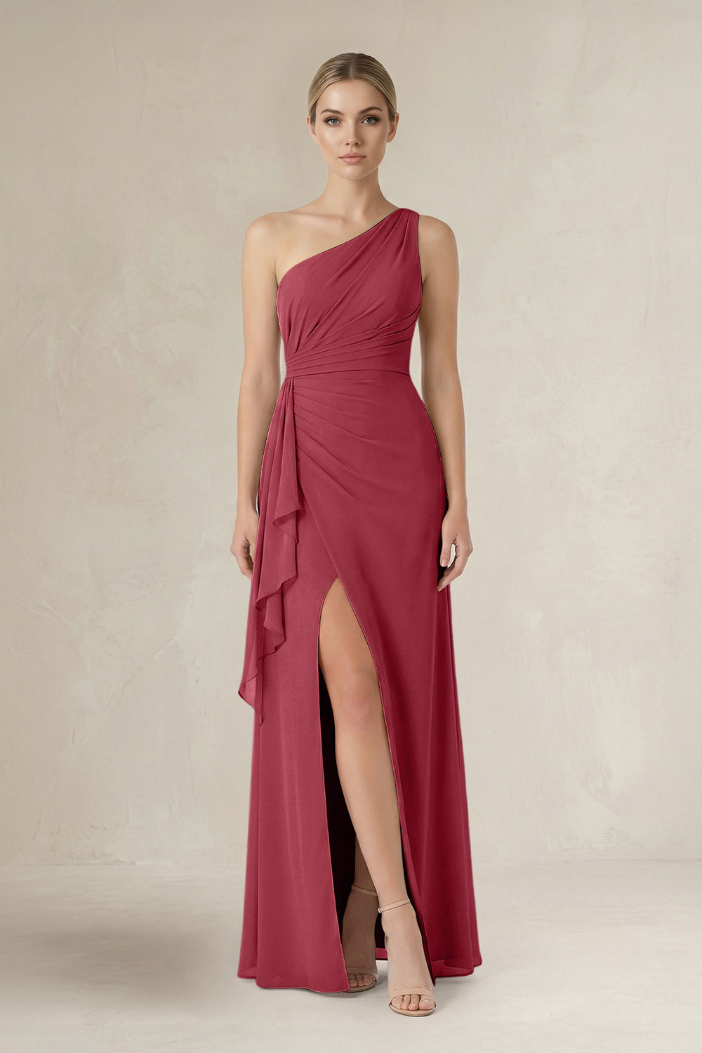 One-Shoulder Sheath Ruched Ruffled Bridesmaid Dress in Merlot