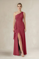 Merlot One-Shoulder Sheath Ruched Ruffled Bridesmaid Dress in Merlot | KISSBRIDAL