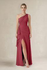 Merlot One-Shoulder Sheath Ruched Ruffled Bridesmaid Dress in Merlot | KISSBRIDAL