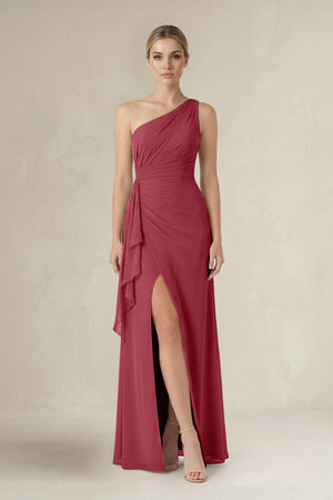 Merlot One-Shoulder Sheath Ruched Ruffled Bridesmaid Dress in Merlot | KISSBRIDAL