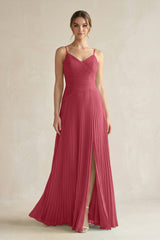 Merlot Pleated A-Line Long Chiffon Bridesmaid Dress | KISSBRIDAL