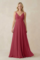 Merlot Pleated V-Neck A-Line Chiffon Bridesmaid Dress | KISSBRIDAL