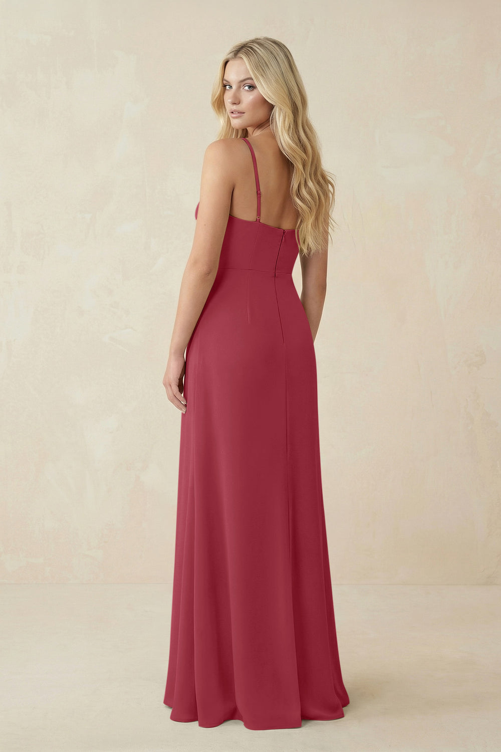 Ruched Sheath Spaghetti Strap Chiffon Bridesmaid Dress in Merlot