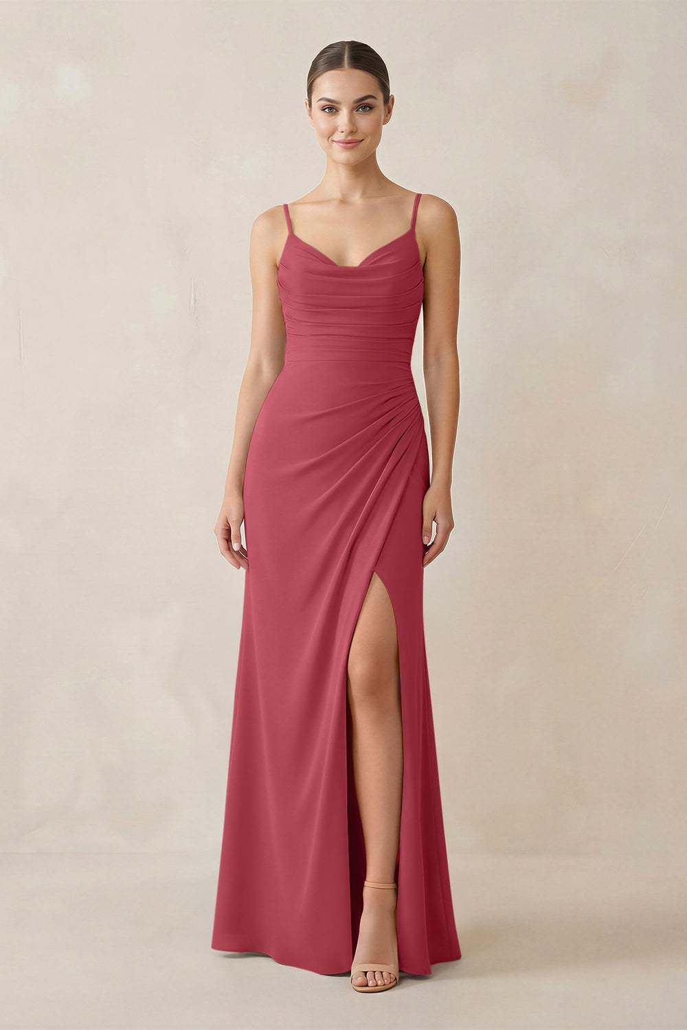 Ruched Sheath Spaghetti Strap Chiffon Bridesmaid Dress in Merlot