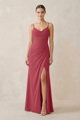 Merlot Ruched Sheath Spaghetti Strap Chiffon Bridesmaid Dress | KISSBRIDAL