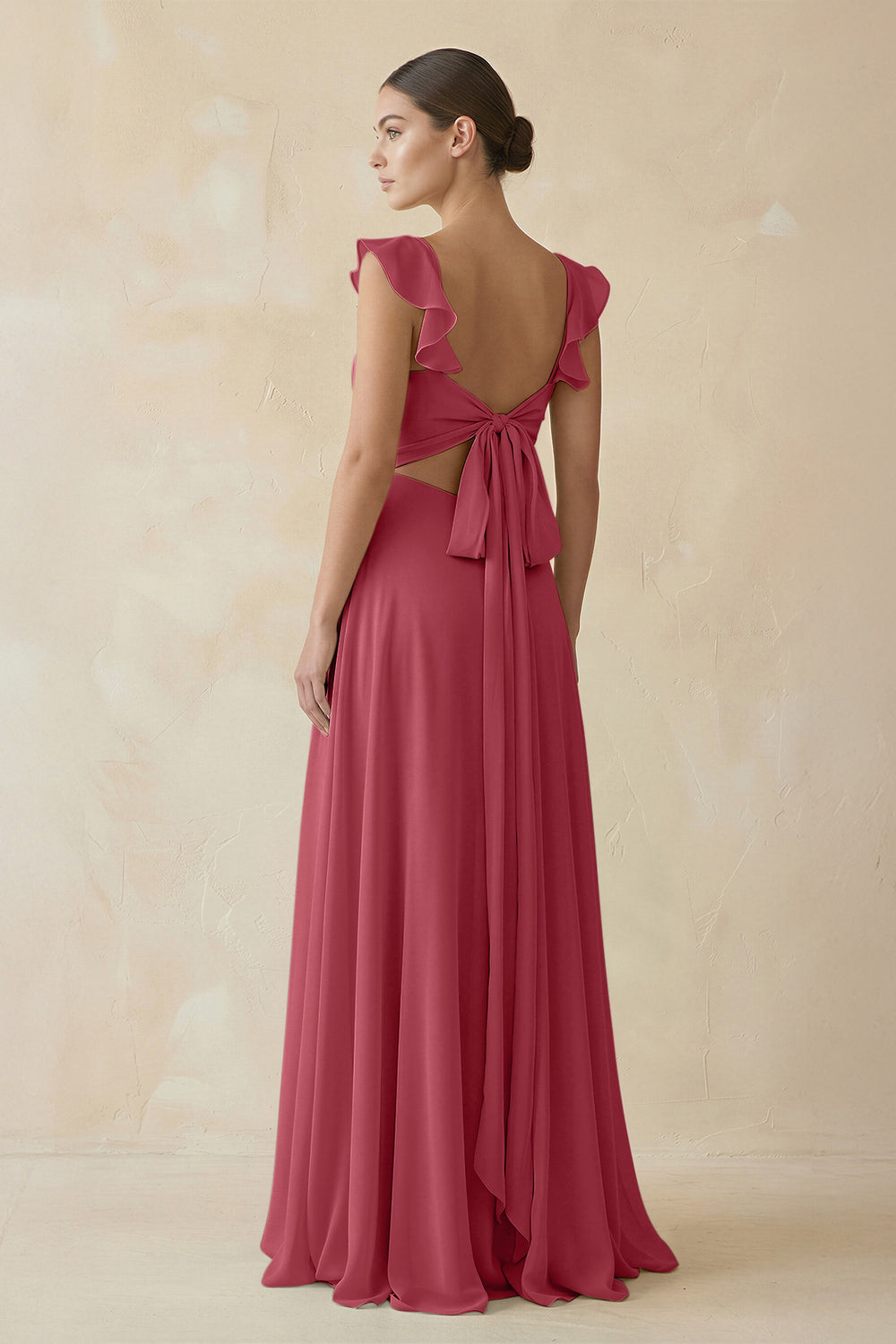 Ruffled Chiffon A-Line Long Bridesmaid Dress in Merlot
