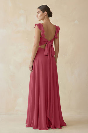 Merlot Ruffled Chiffon A-Line Long Bridesmaid Dress (2) | KISSBRIDAL