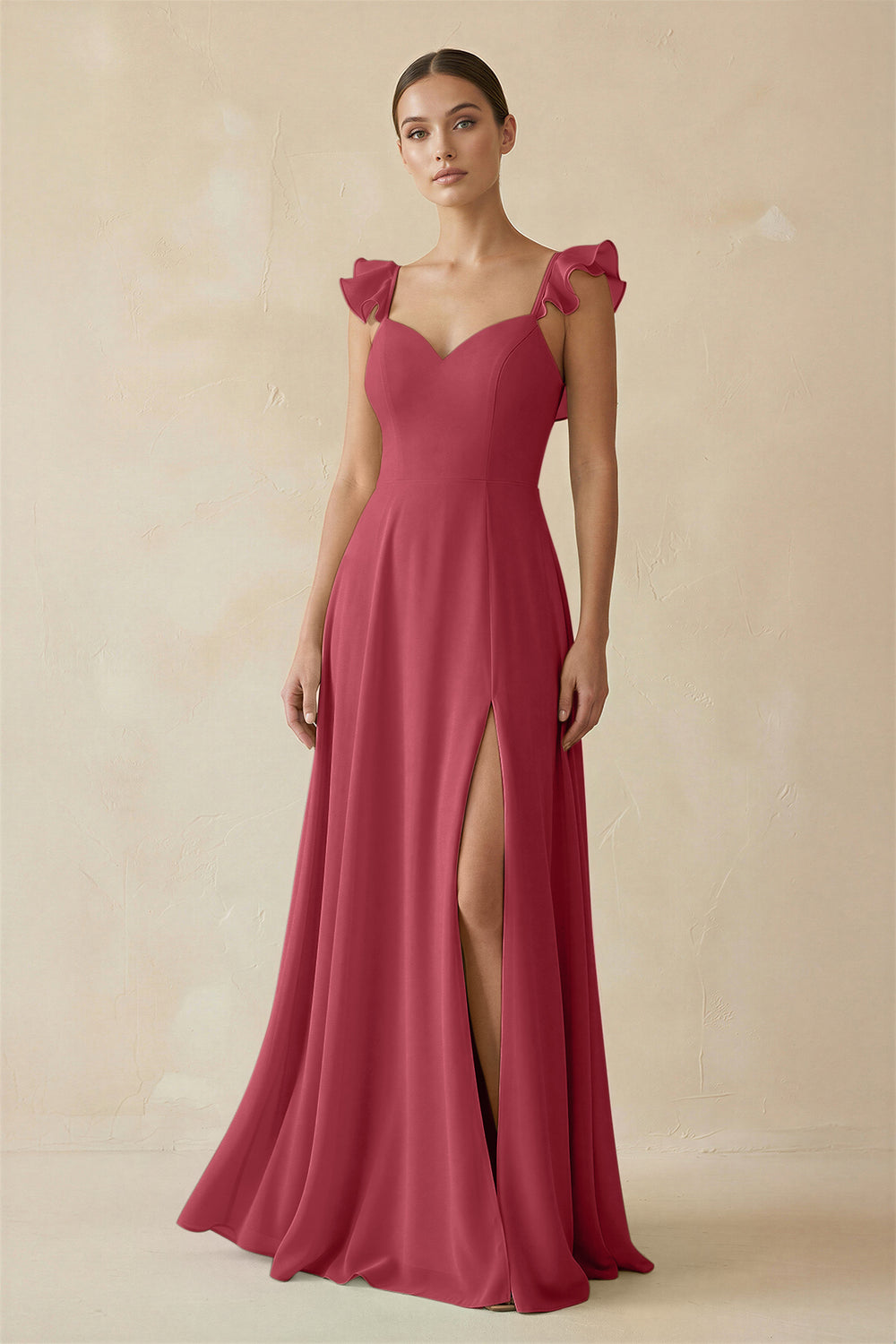 Ruffled Chiffon A-Line Long Bridesmaid Dress in Merlot