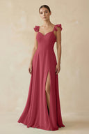 Merlot Ruffled Chiffon A-Line Long Bridesmaid Dress | KISSBRIDAL