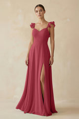 Merlot Ruffled Chiffon A-Line Long Bridesmaid Dress | KISSBRIDAL