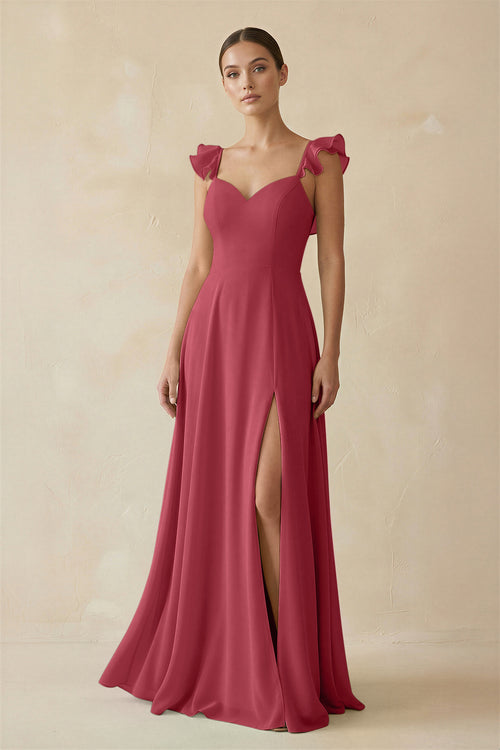 Merlot Ruffled Chiffon A-Line Long Bridesmaid Dress | KISSBRIDAL
