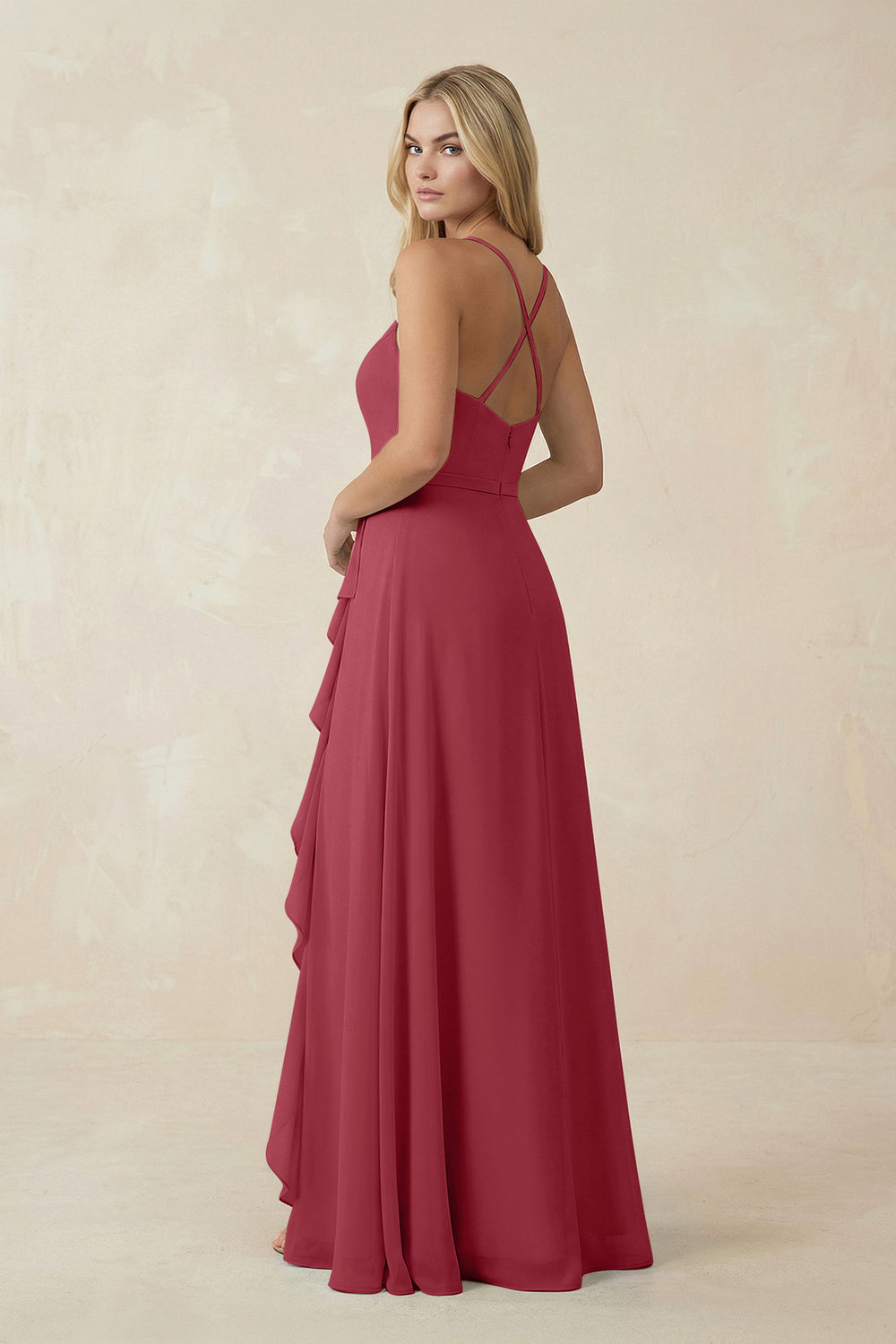 Ruffled Hem A-Line Chiffon Bridesmaid Dress in Merlot