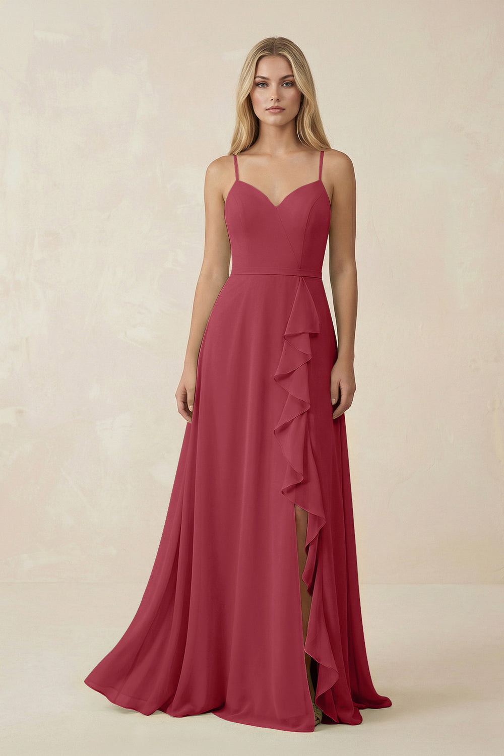 Ruffled Hem A-Line Chiffon Bridesmaid Dress in Merlot
