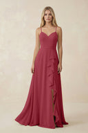 Merlot Ruffled Hem A-Line Chiffon Bridesmaid Dress | KISSBRIDAL