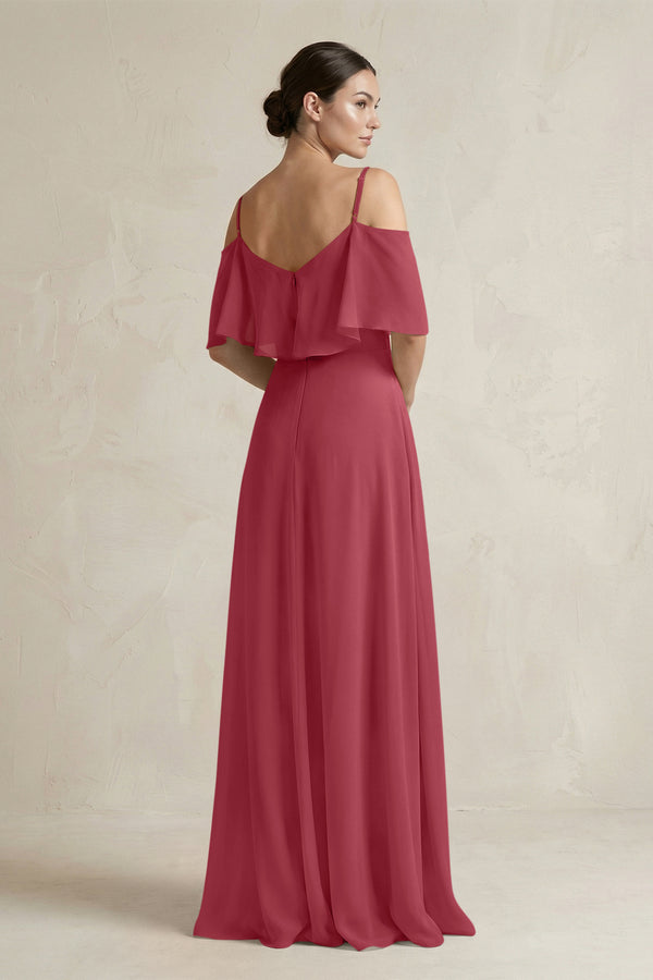 Merlot Ruffled Off-the-Shoulder A-Line Chiffon Bridesmaid Gown (2) | KISSBRIDAL