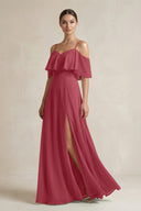 Merlot Ruffled Off-the-Shoulder A-Line Chiffon Bridesmaid Gown | KISSBRIDAL