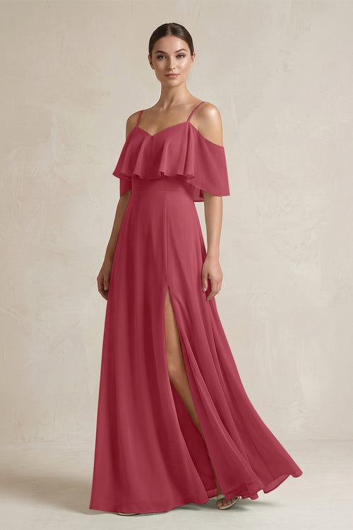Merlot Ruffled Off-the-Shoulder A-Line Chiffon Bridesmaid Gown | KISSBRIDAL