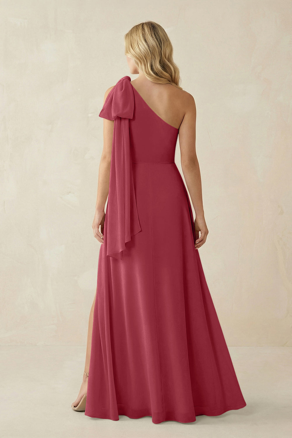 Ruffled One Shoulder Chiffon Bridesmaid Dress With Slit in Merlot