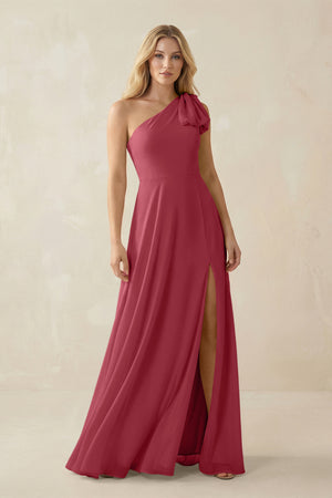 Merlot Ruffled One Shoulder Chiffon Bridesmaid Dress With Slit in Merlot | KISSBRIDAL