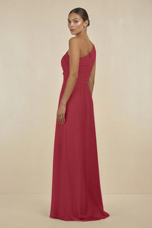 Merlot Ruffled One-Shoulder Pleated Sheath Bridesmaid Dress (2) | KISSBRIDAL
