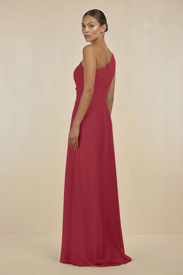 Merlot Ruffled One-Shoulder Pleated Sheath Bridesmaid Dress (2) | KISSBRIDAL