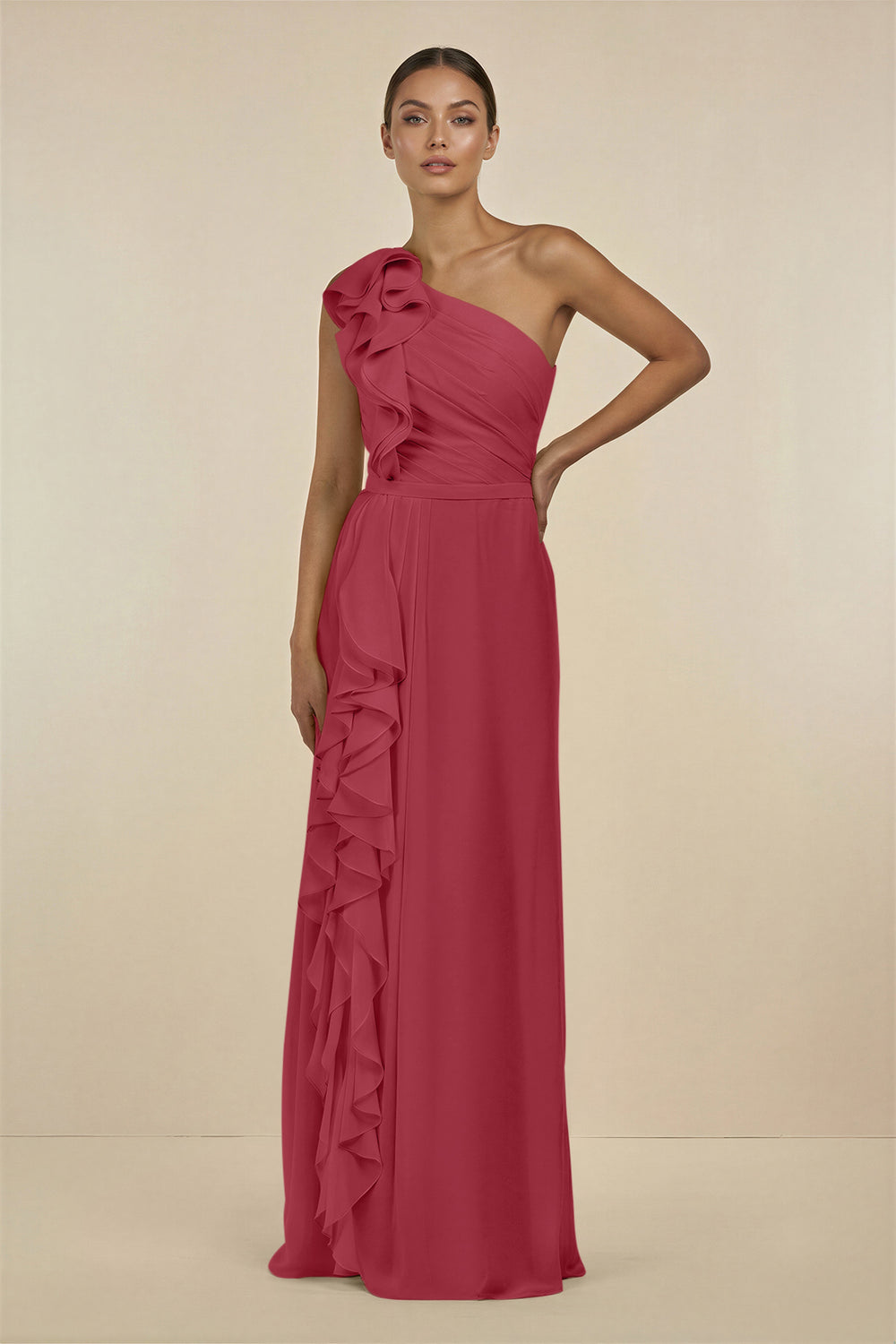 Ruffled One-Shoulder Pleated Sheath Bridesmaid Dress in Merlot