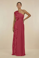 Merlot Ruffled One-Shoulder Pleated Sheath Bridesmaid Dress | KISSBRIDAL