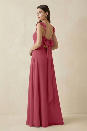 Merlot Ruffled Sleeve A-Line Chiffon Bridesmaid Dress (2) | KISSBRIDAL