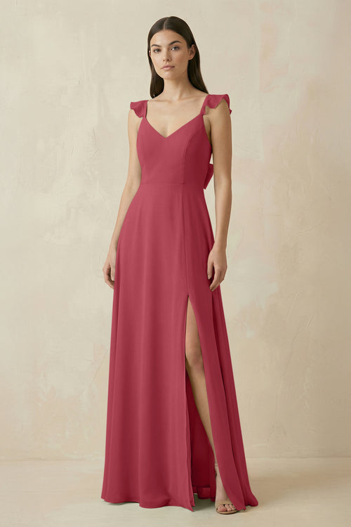 Merlot Ruffled Sleeve A-Line Chiffon Bridesmaid Dress | KISSBRIDAL