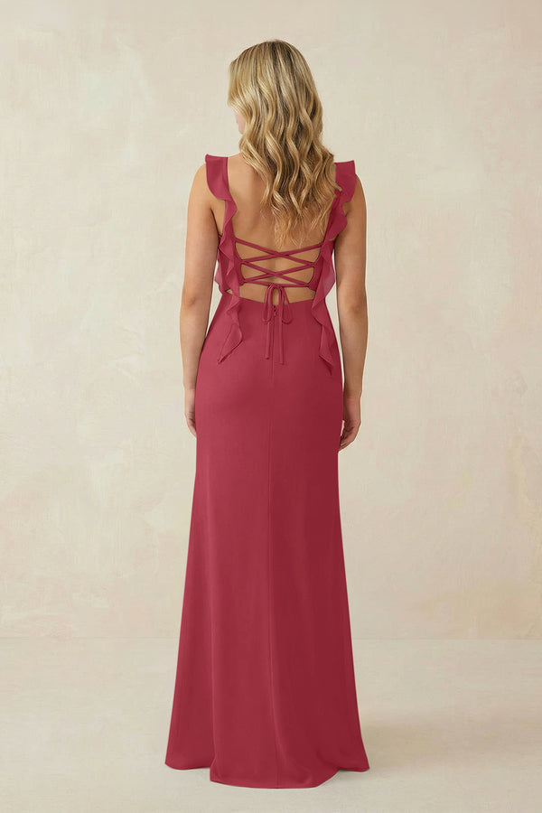 Merlot Ruffled Sleeve Ruched Sheath Chiffon Bridesmaid Dress (2) | KISSBRIDAL