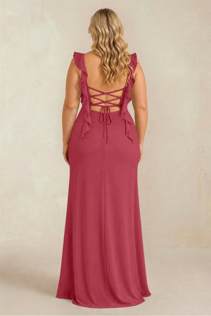 Merlot Ruffled Sleeve Ruched Sheath Chiffon Bridesmaid Dress (2) [sizeplus] | KISSBRIDAL