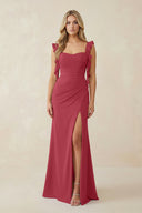 Merlot Ruffled Sleeve Ruched Sheath Chiffon Bridesmaid Dress | KISSBRIDAL