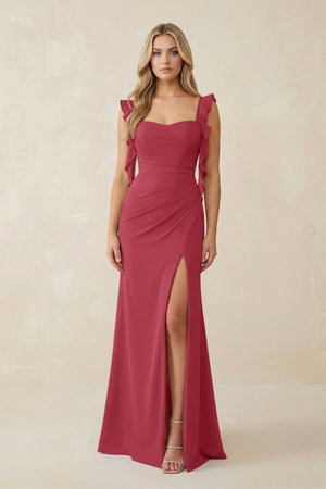 Merlot Ruffled Sleeve Ruched Sheath Chiffon Bridesmaid Dress | KISSBRIDAL